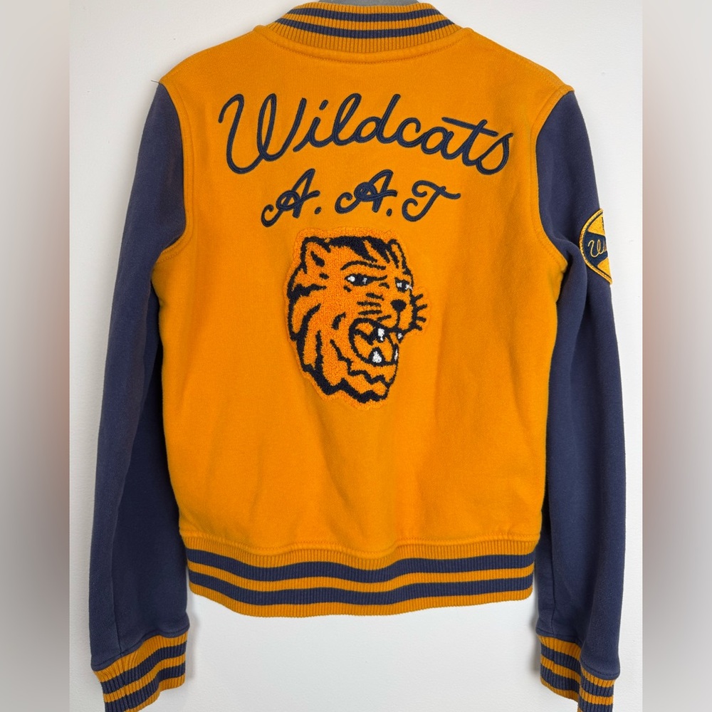 Superdry Wildcats Varsity Jacket Orange Navy Embroidered US 4 - Picture 2 of 8
